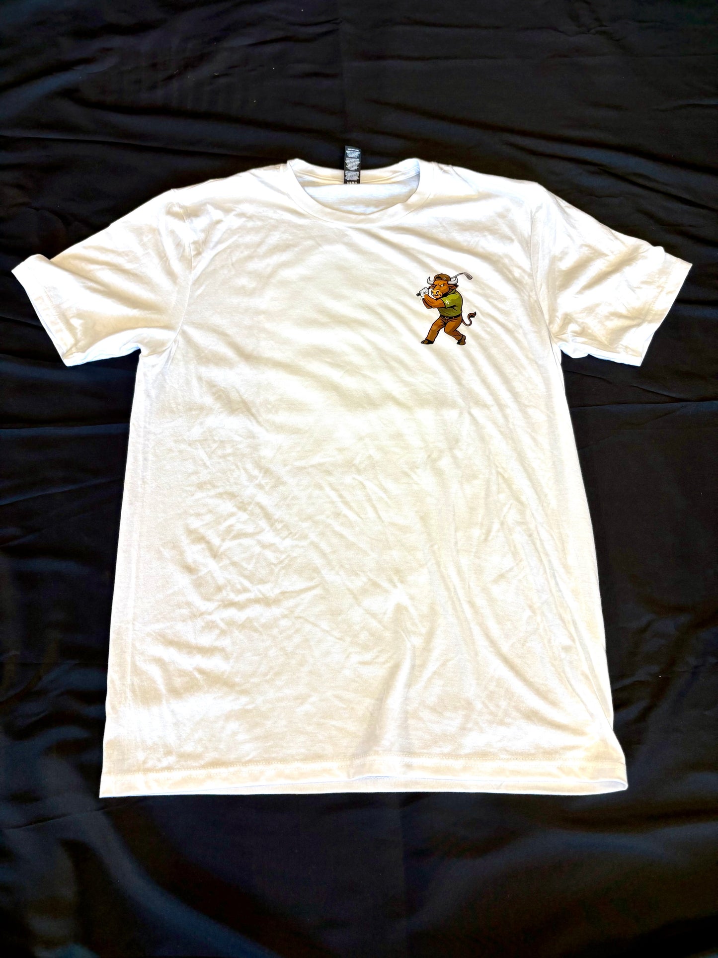 White t-shirt with a graphic design on a black background