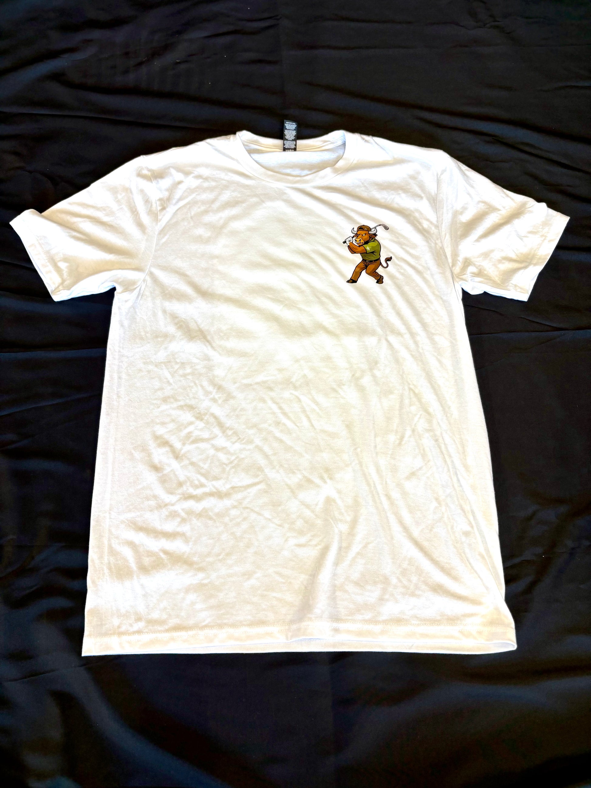 White t-shirt with a graphic design on a black background