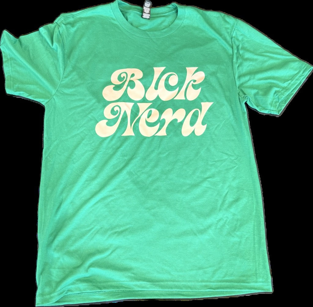 Green t-shirt with 'Block Nerd' text on a black background